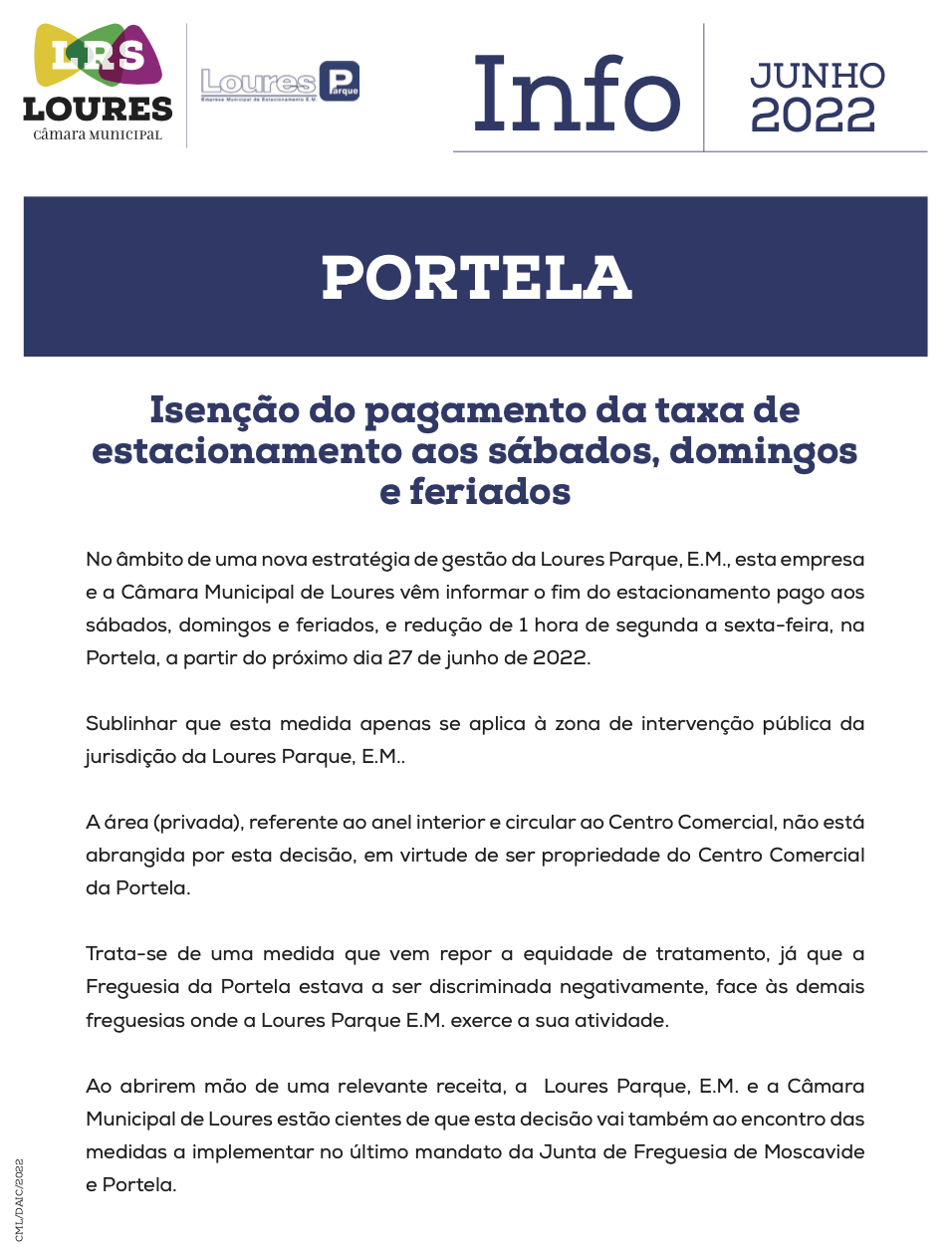 PORTELA - Isenção do pagamento da taxa de estacionamento aos sábados, domingos e feriados – 27 de ju