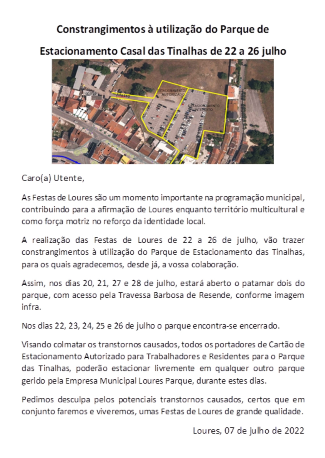 Constrangimentos à utilização do Parque de Estacionamento das Tinalhas de 22 a 26 julho